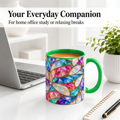 #pl[11oz|Green] Colorful Geometric Mosaic Ceramic Mug, Faceted Abstract Design