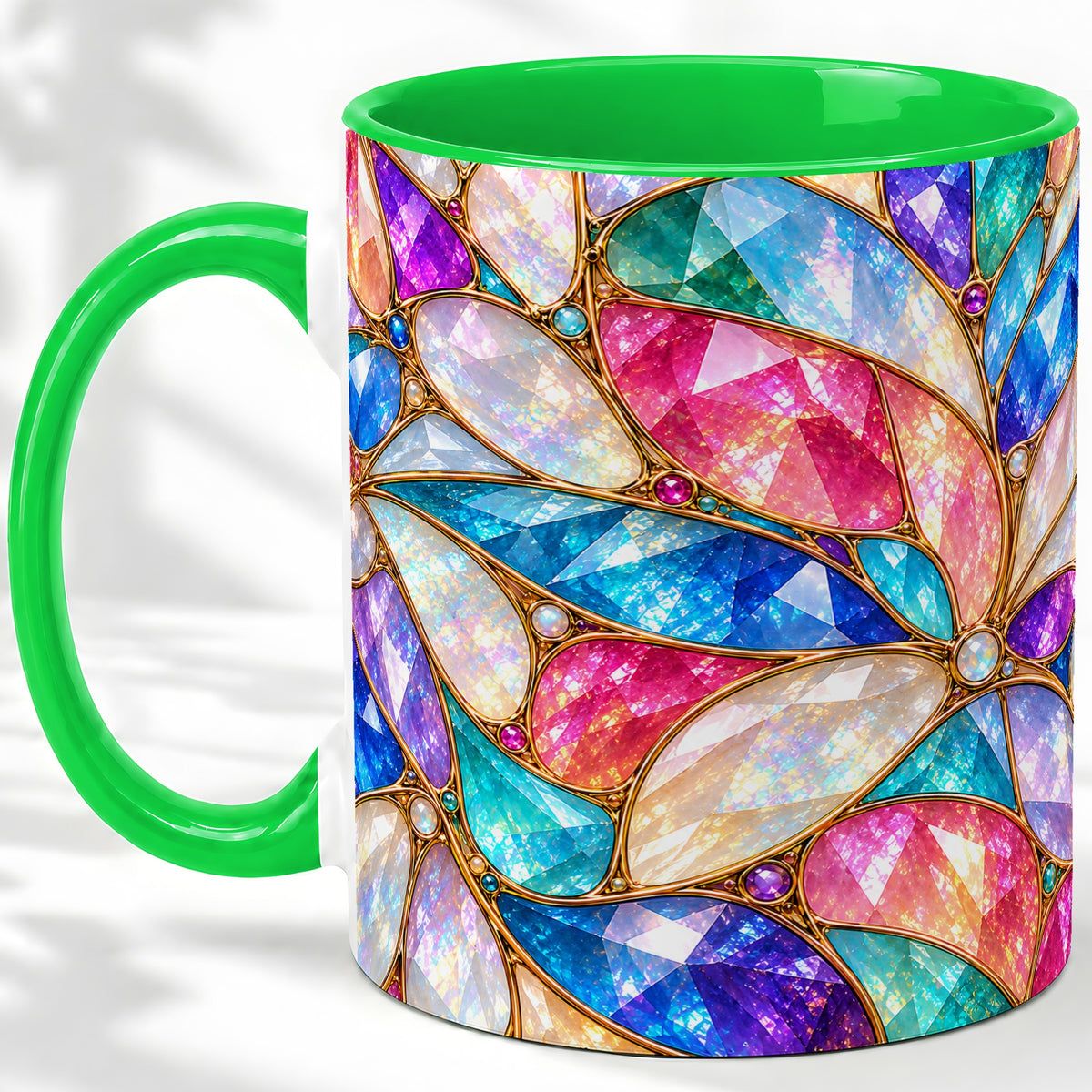 #pl[11oz|Green] Colorful Geometric Mosaic Ceramic Mug, Faceted Abstract Design