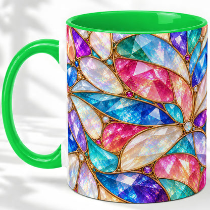 #pl[11oz|Green] Colorful Geometric Mosaic Ceramic Mug, Faceted Abstract Design