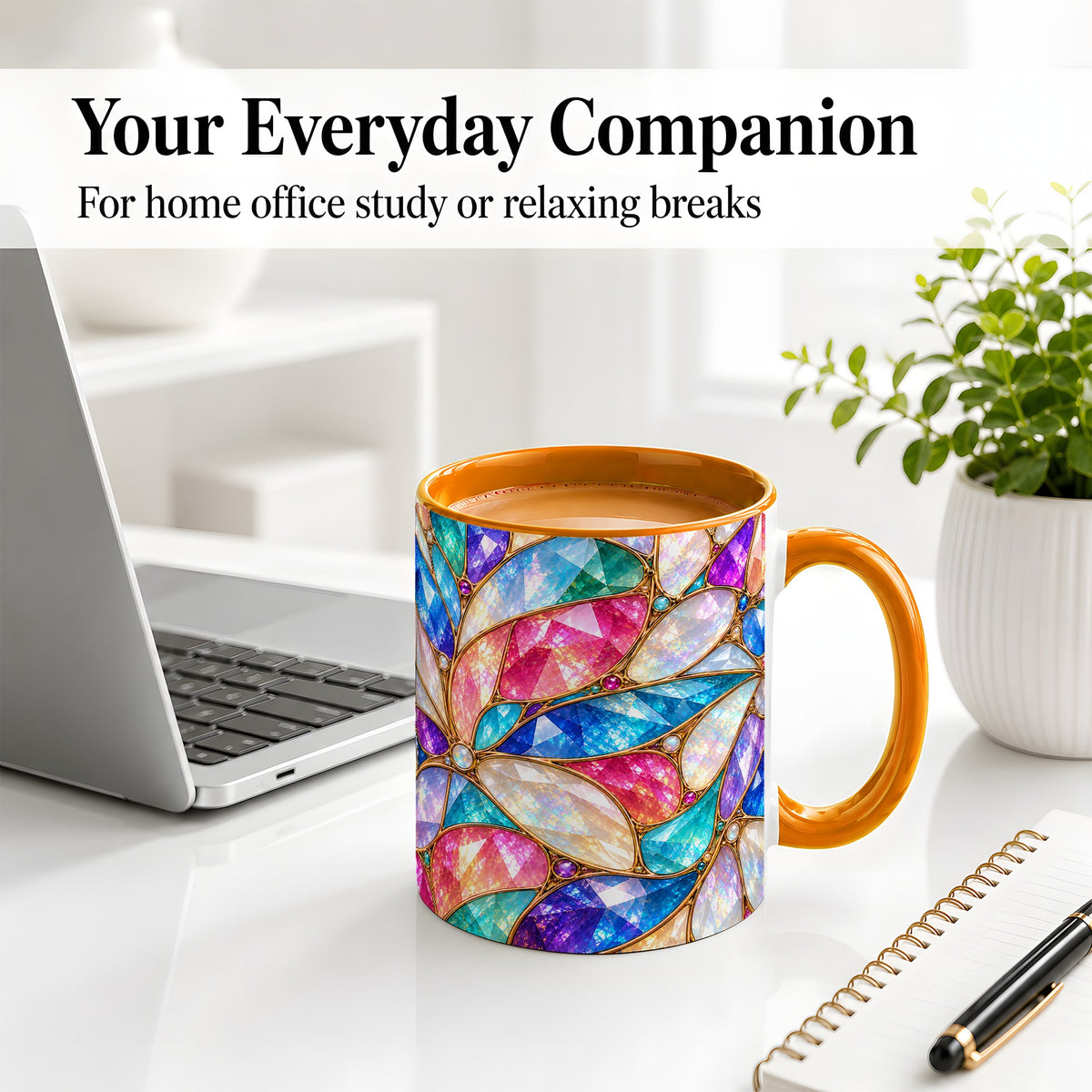 #pl[11oz|Orange] Colorful Geometric Mosaic Ceramic Mug, Faceted Abstract Design