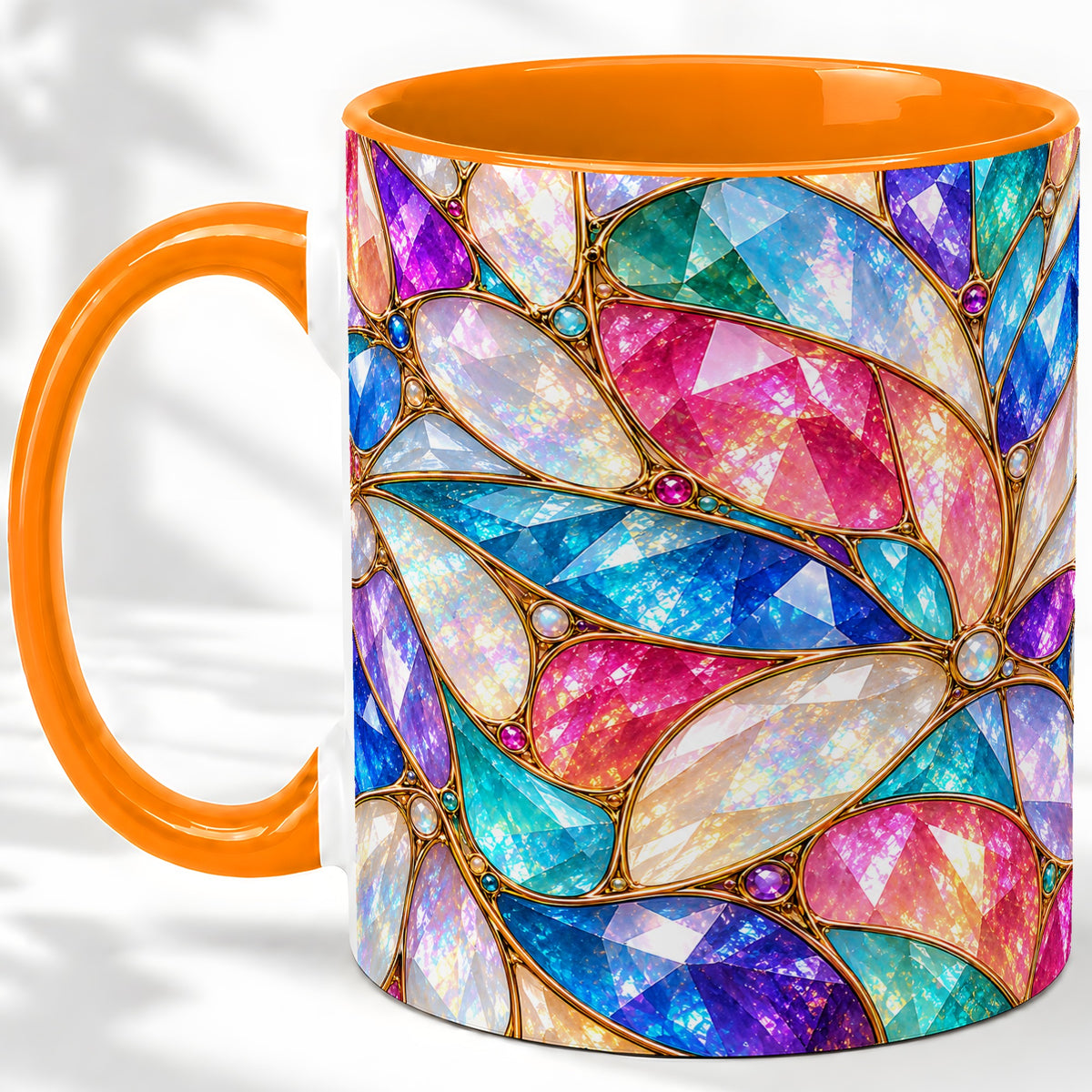 #pl[11oz|Orange] Colorful Geometric Mosaic Ceramic Mug, Faceted Abstract Design
