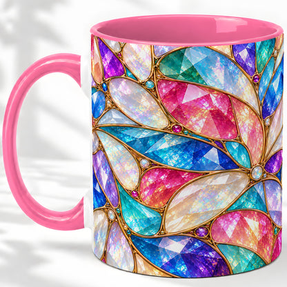#pl[11oz|Pink] Colorful Geometric Mosaic Ceramic Mug, Faceted Abstract Design