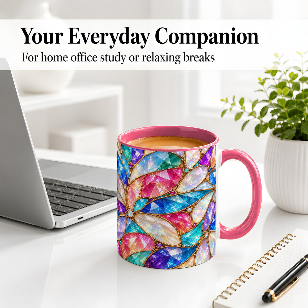 #pl[11oz|Pink] Colorful Geometric Mosaic Ceramic Mug, Faceted Abstract Design