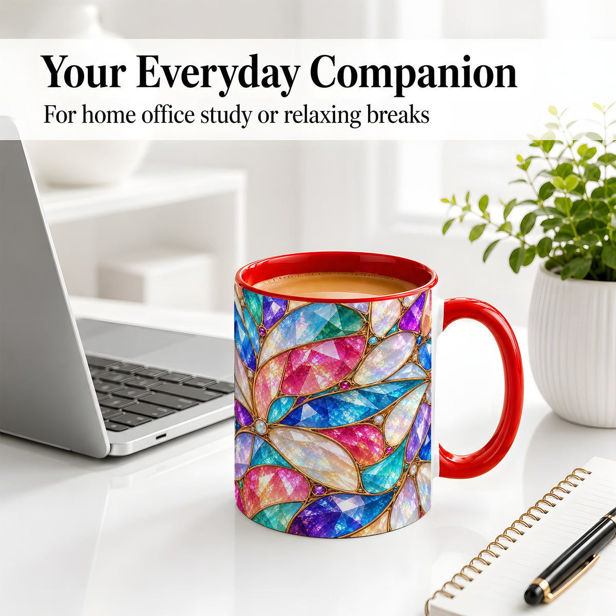 #pl[11oz|Red] Colorful Geometric Mosaic Ceramic Mug, Faceted Abstract Design