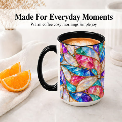 #pl[15oz|Black] Colorful Geometric Mosaic Ceramic Mug, Faceted Abstract Design
