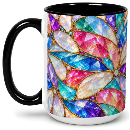 #pl[15oz|Black] Colorful Geometric Mosaic Ceramic Mug, Faceted Abstract Design