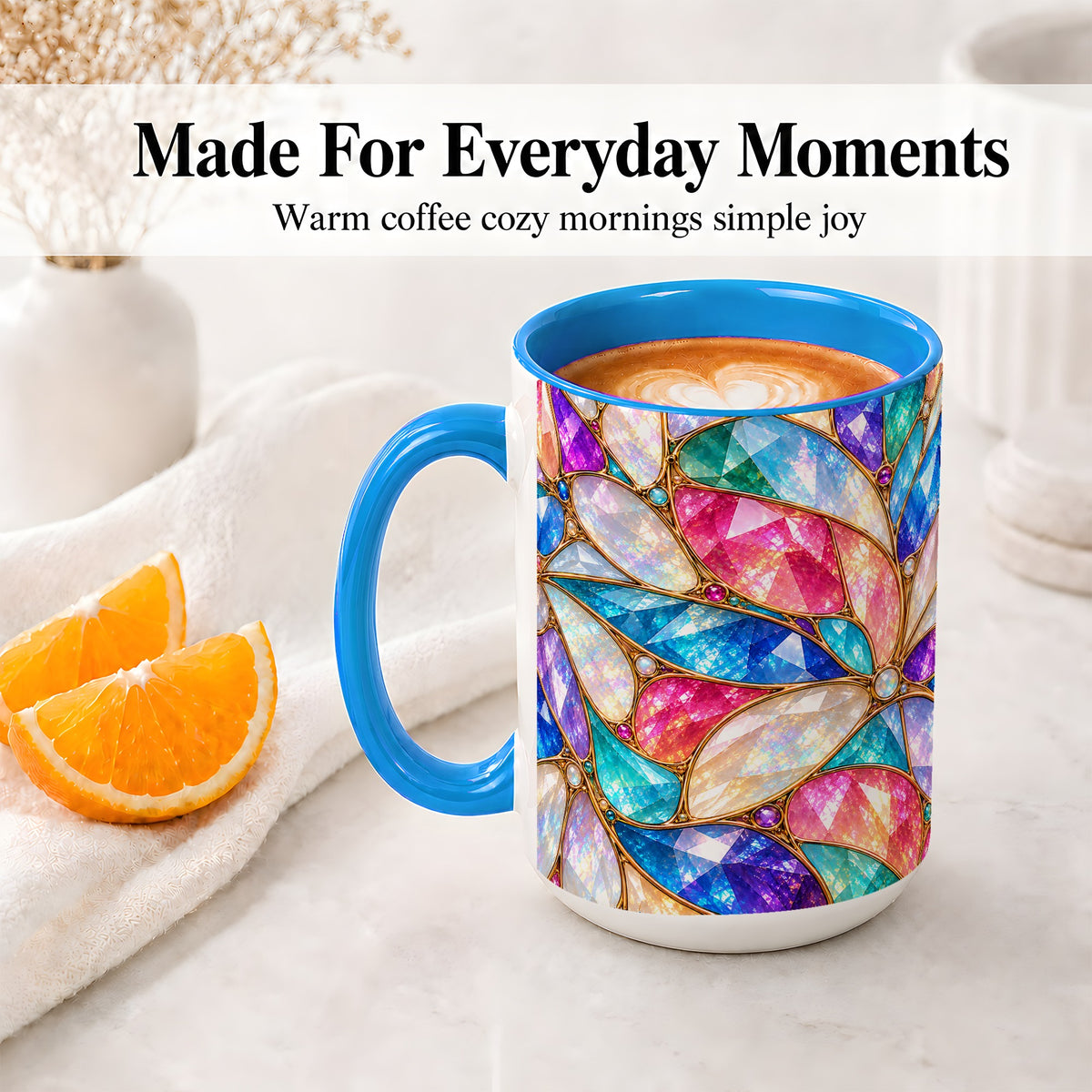 #pl[15oz|Blue] Colorful Geometric Mosaic Ceramic Mug, Faceted Abstract Design