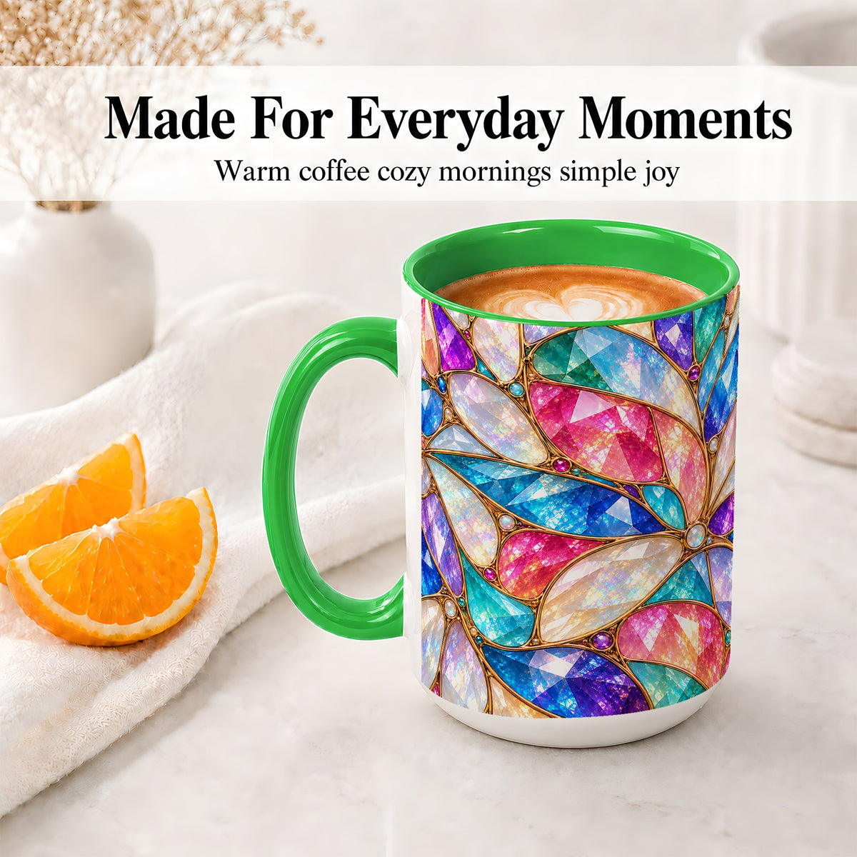 #pl[15oz|Green] Colorful Geometric Mosaic Ceramic Mug, Faceted Abstract Design