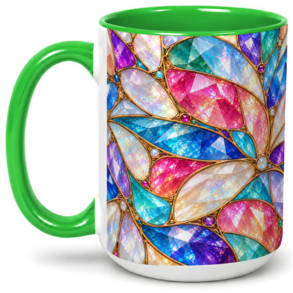 #pl[15oz|Green] Colorful Geometric Mosaic Ceramic Mug, Faceted Abstract Design