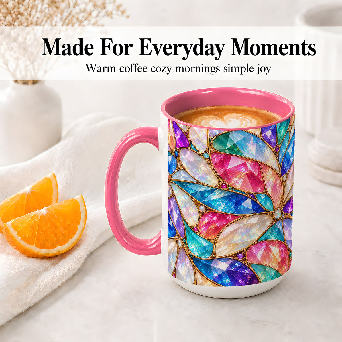 #pl[15oz|Pink] Colorful Geometric Mosaic Ceramic Mug, Faceted Abstract Design