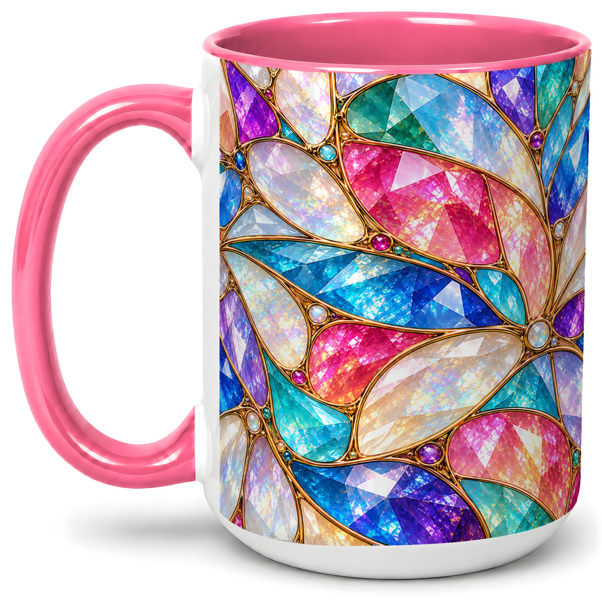 #pl[15oz|Pink] Colorful Geometric Mosaic Ceramic Mug, Faceted Abstract Design