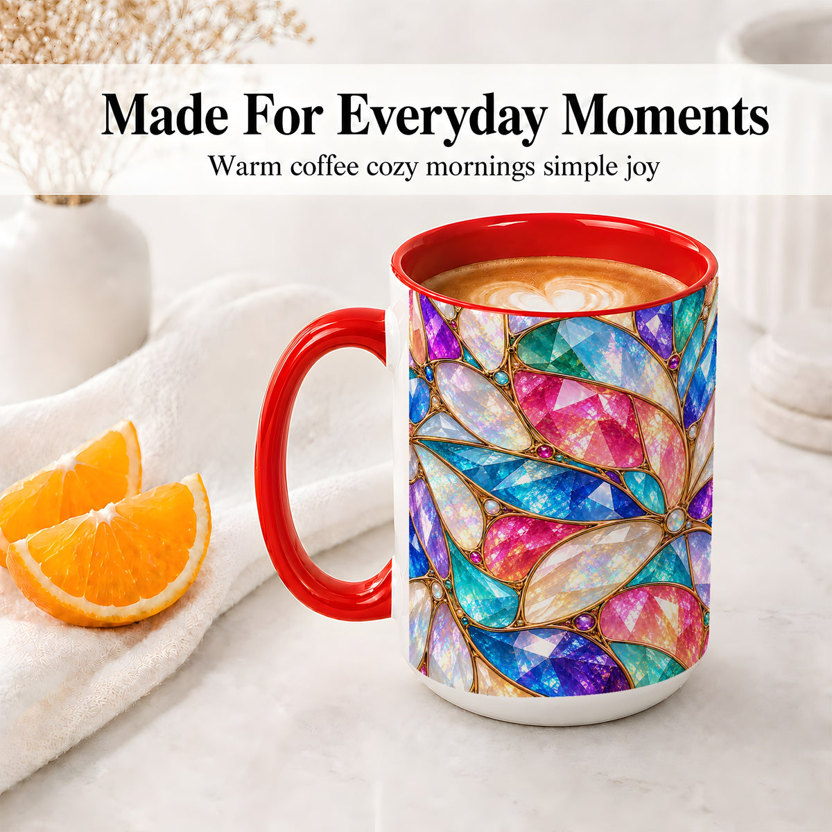#pl[15oz|Red] Colorful Geometric Mosaic Ceramic Mug, Faceted Abstract Design