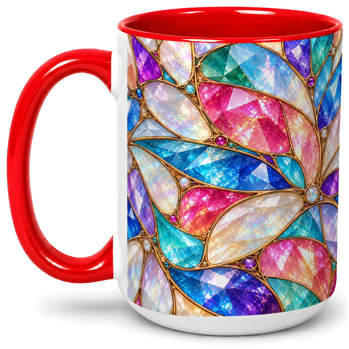 #pl[15oz|Red] Colorful Geometric Mosaic Ceramic Mug, Faceted Abstract Design