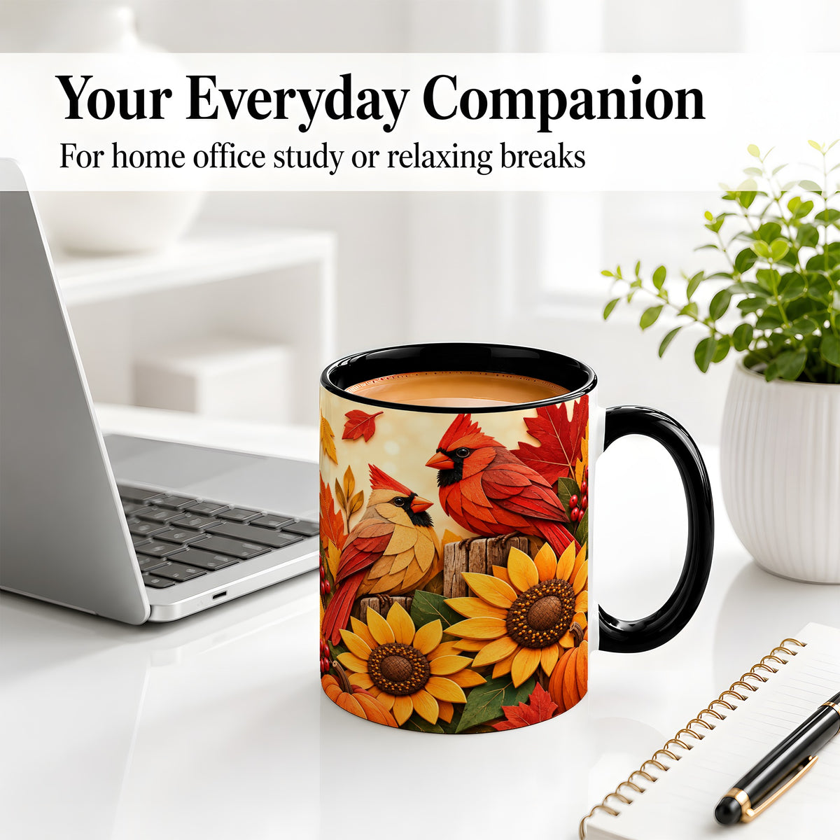 #pl[11oz|Black] Autumn Cardinal Ceramic Mug, Sunflower Fall Design for Bird Lovers