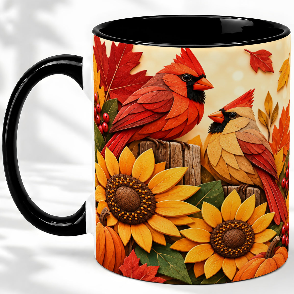 #pl[11oz|Black] Autumn Cardinal Ceramic Mug, Sunflower Fall Design for Bird Lovers