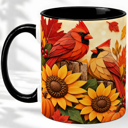 #pl[11oz|Black] Autumn Cardinal Ceramic Mug, Sunflower Fall Design for Bird Lovers