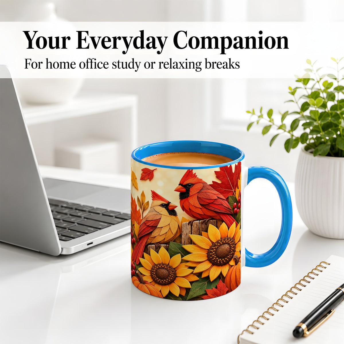 #pl[11oz|Blue] Autumn Cardinal Ceramic Mug, Sunflower Fall Design for Bird Lovers