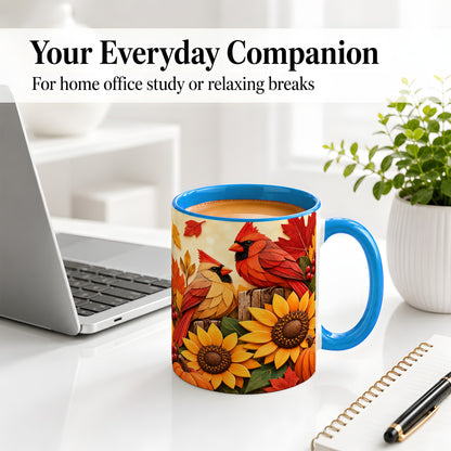 #pl[11oz|Blue] Autumn Cardinal Ceramic Mug, Sunflower Fall Design for Bird Lovers