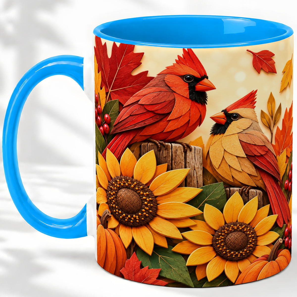 #pl[11oz|Blue] Autumn Cardinal Ceramic Mug, Sunflower Fall Design for Bird Lovers