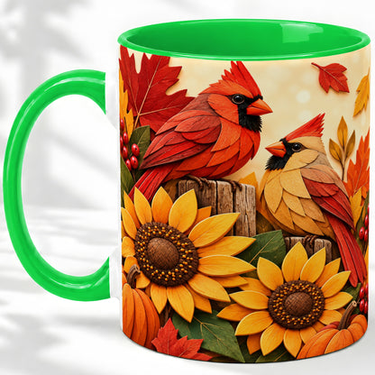 #pl[11oz|Green] Autumn Cardinal Ceramic Mug, Sunflower Fall Design for Bird Lovers