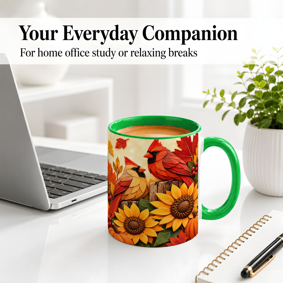 #pl[11oz|Green] Autumn Cardinal Ceramic Mug, Sunflower Fall Design for Bird Lovers
