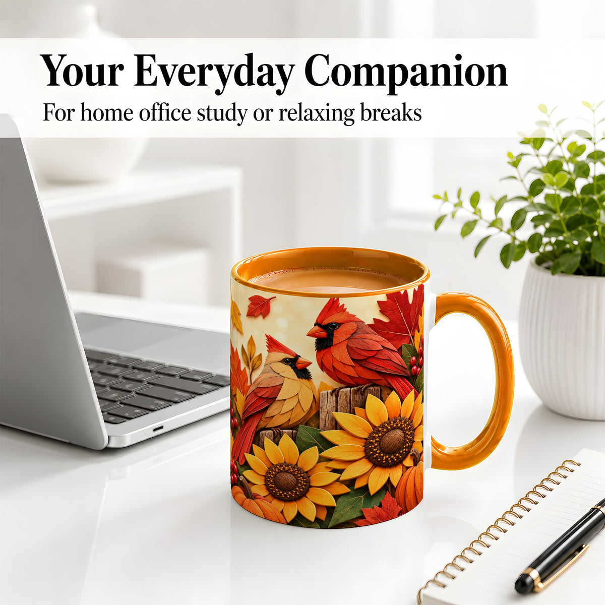 #pl[11oz|Orange] Autumn Cardinal Ceramic Mug, Sunflower Fall Design for Bird Lovers