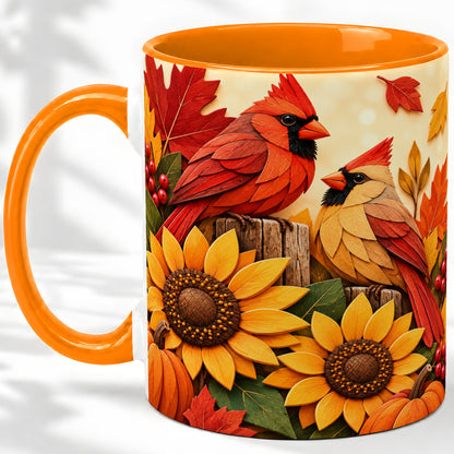 #pl[11oz|Orange] Autumn Cardinal Ceramic Mug, Sunflower Fall Design for Bird Lovers