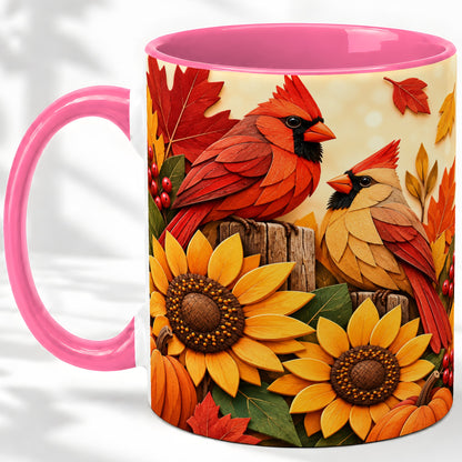 #pl[11oz|Pink] Autumn Cardinal Ceramic Mug, Sunflower Fall Design for Bird Lovers