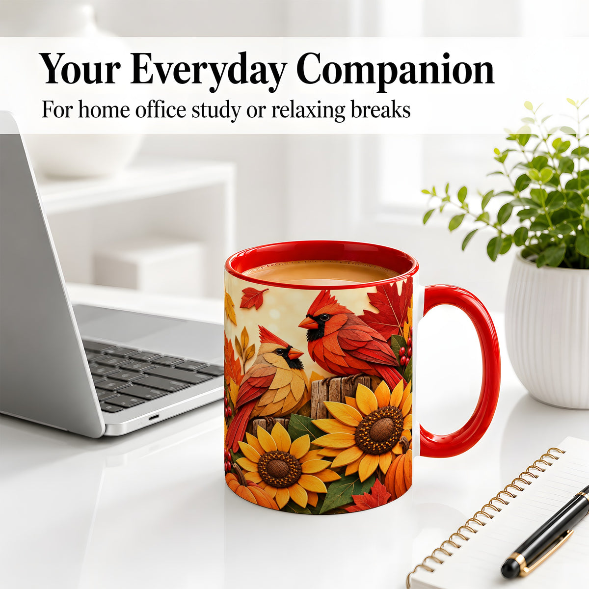 #pl[11oz|Red] Autumn Cardinal Ceramic Mug, Sunflower Fall Design for Bird Lovers