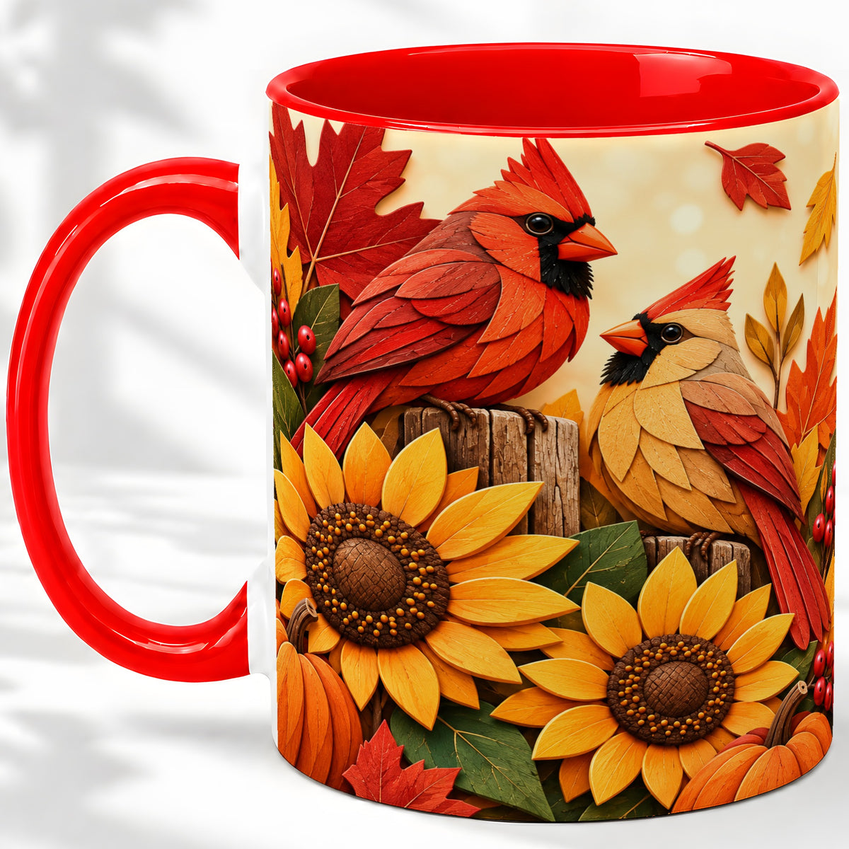 Autumn Cardinal Ceramic Mug, Sunflower Fall Design for Bird Lovers