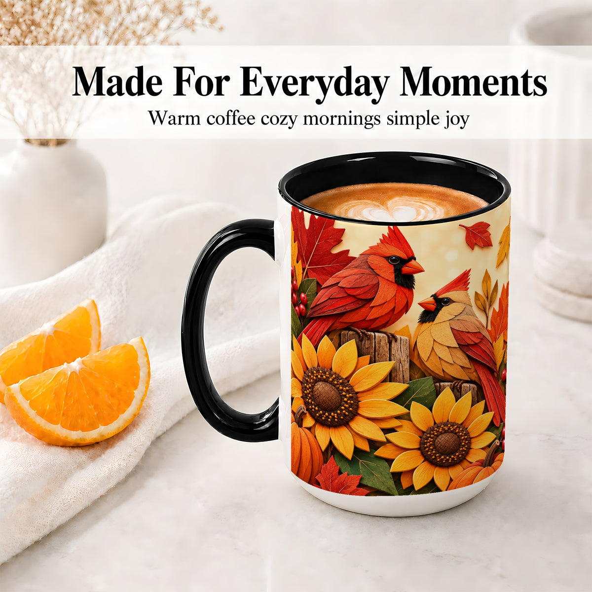 #pl[15oz|Black] Autumn Cardinal Ceramic Mug, Sunflower Fall Design for Bird Lovers