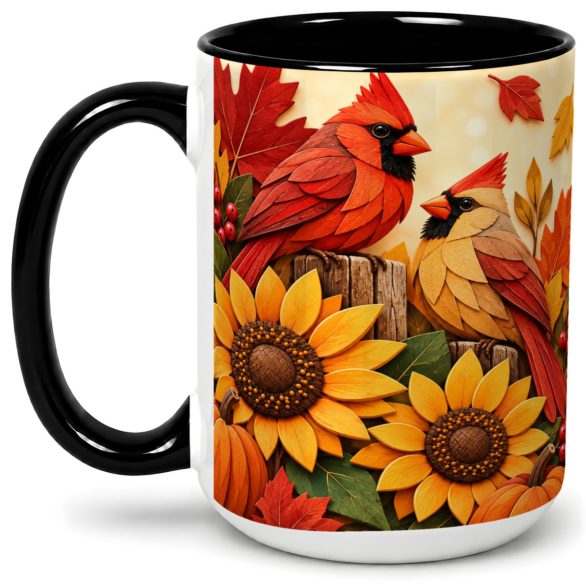 #pl[15oz|Black] Autumn Cardinal Ceramic Mug, Sunflower Fall Design for Bird Lovers