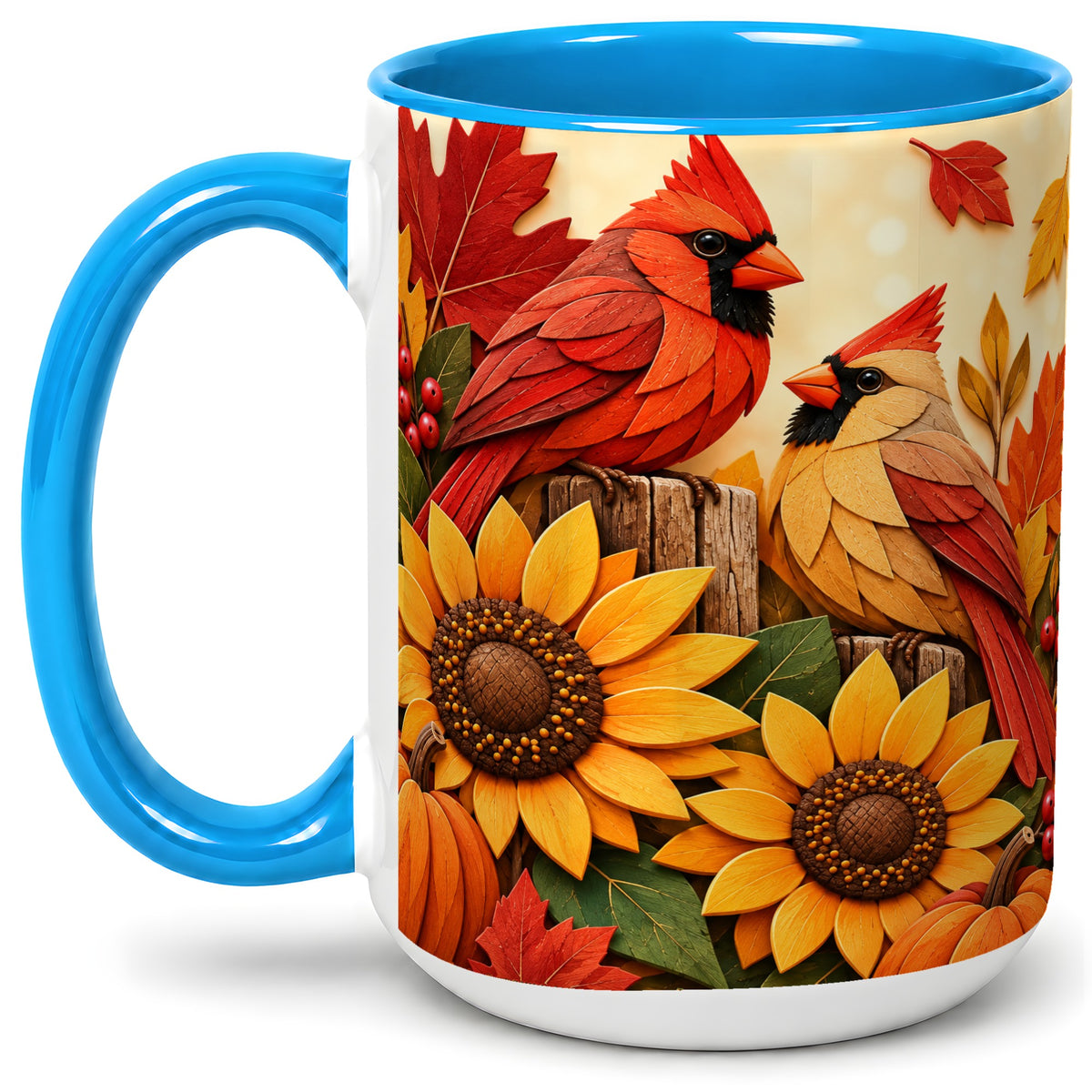 #pl[15oz|Blue] Autumn Cardinal Ceramic Mug, Sunflower Fall Design for Bird Lovers