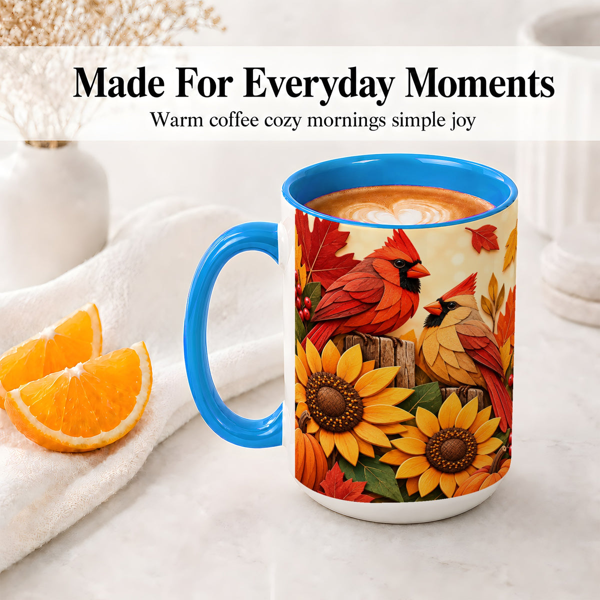 #pl[15oz|Blue] Autumn Cardinal Ceramic Mug, Sunflower Fall Design for Bird Lovers