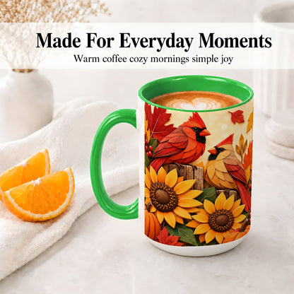 #pl[15oz|Green] Autumn Cardinal Ceramic Mug, Sunflower Fall Design for Bird Lovers
