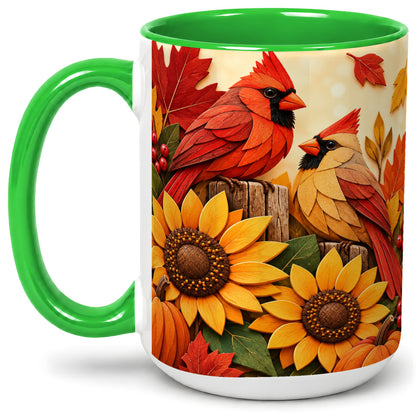 #pl[15oz|Green] Autumn Cardinal Ceramic Mug, Sunflower Fall Design for Bird Lovers