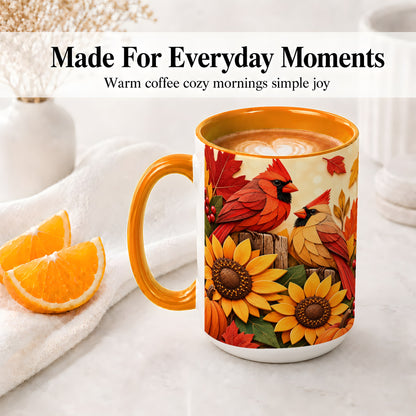 #pl[15oz|Orange] Autumn Cardinal Ceramic Mug, Sunflower Fall Design for Bird Lovers