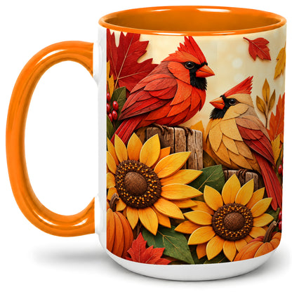 #pl[15oz|Orange] Autumn Cardinal Ceramic Mug, Sunflower Fall Design for Bird Lovers