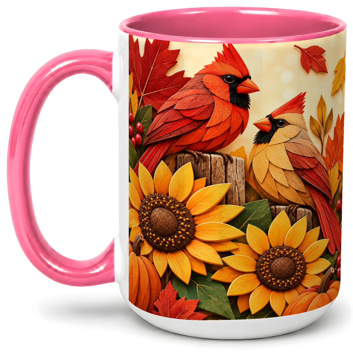 #pl[15oz|Pink] Autumn Cardinal Ceramic Mug, Sunflower Fall Design for Bird Lovers