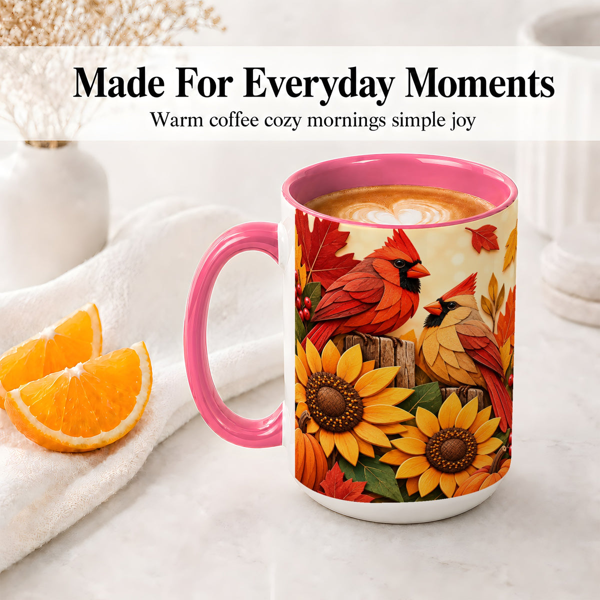 #pl[15oz|Pink] Autumn Cardinal Ceramic Mug, Sunflower Fall Design for Bird Lovers