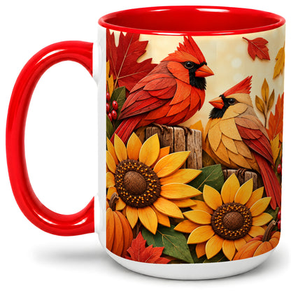 #pl[15oz|Red] Autumn Cardinal Ceramic Mug, Sunflower Fall Design for Bird Lovers