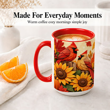 #pl[15oz|Red] Autumn Cardinal Ceramic Mug, Sunflower Fall Design for Bird Lovers