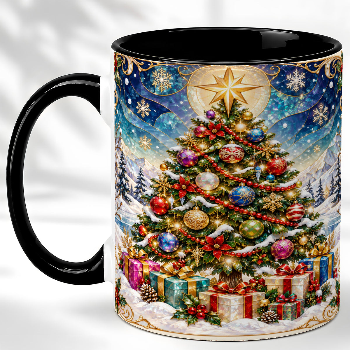 #pl[11oz|Black] Winter Christmas Tree Coffee Mug, Snowy Holiday Mug, Ceramic Cup