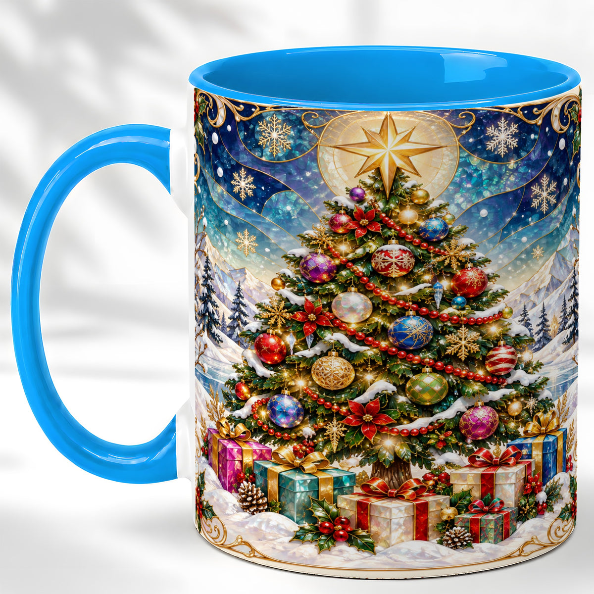 #pl[11oz|Blue] Winter Christmas Tree Coffee Mug, Snowy Holiday Mug, Ceramic Cup