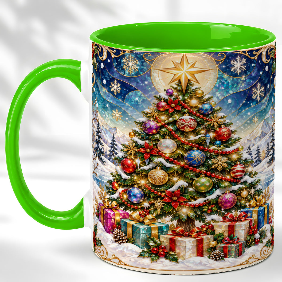 #pl[11oz|Green] Winter Christmas Tree Coffee Mug, Snowy Holiday Mug, Ceramic Cup