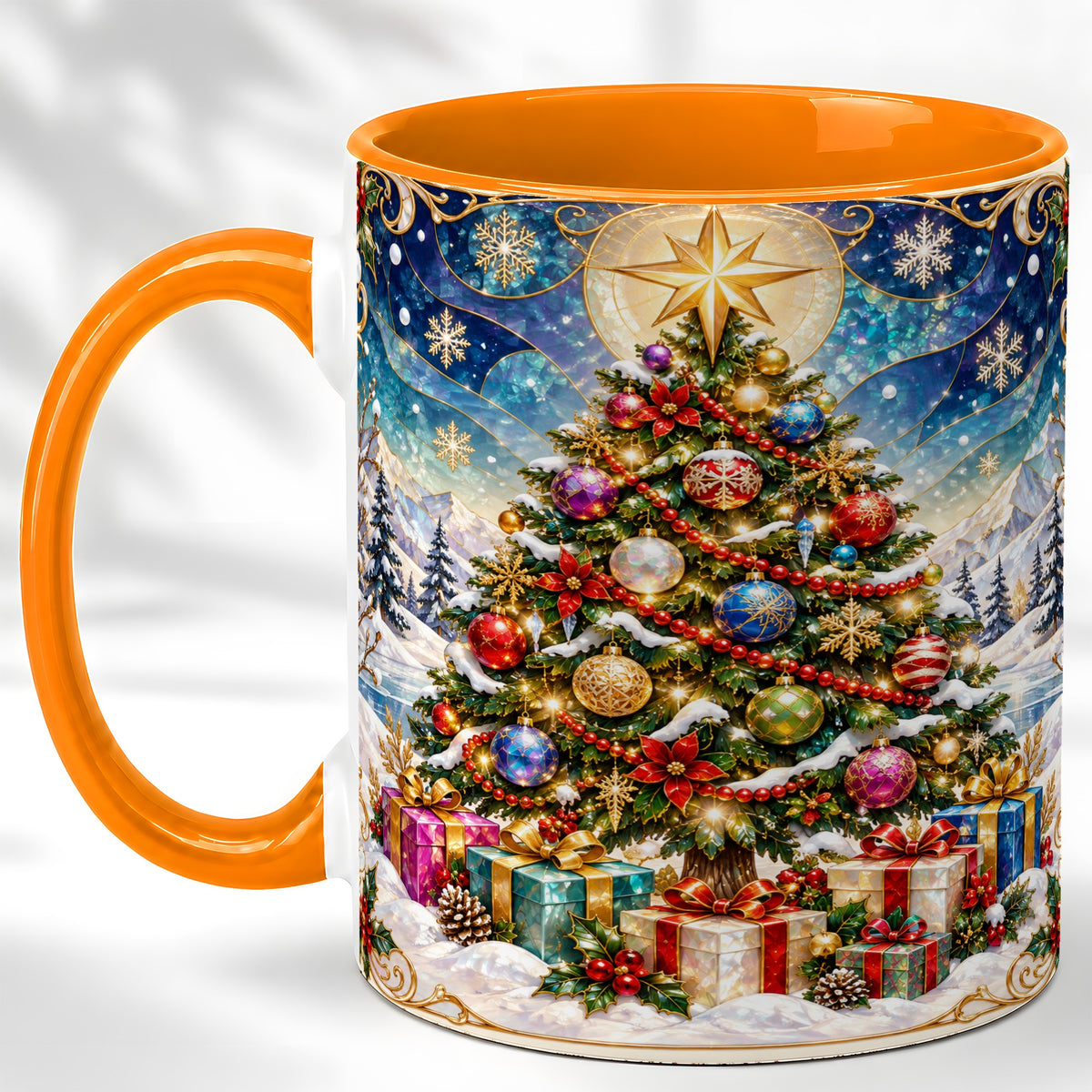 #pl[11oz|Orange] Winter Christmas Tree Coffee Mug, Snowy Holiday Mug, Ceramic Cup