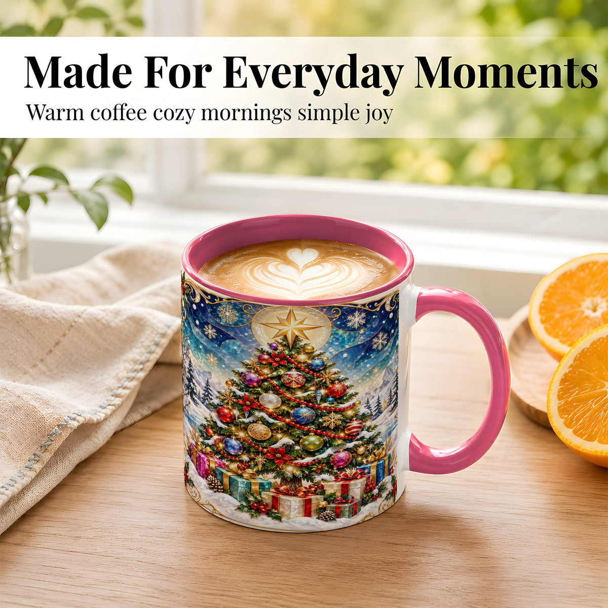 #pl[11oz|Pink] Winter Christmas Tree Coffee Mug, Snowy Holiday Mug, Ceramic Cup