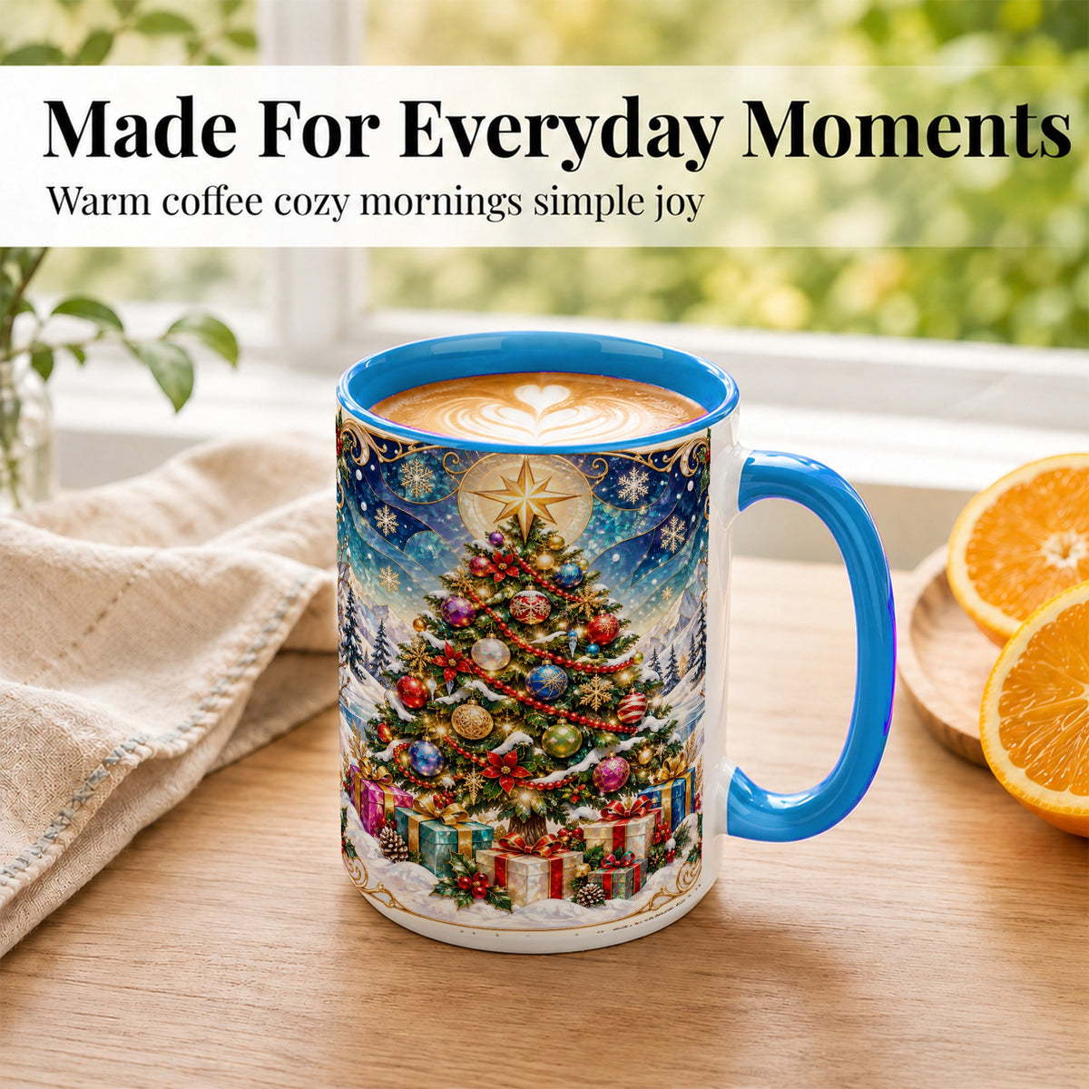 #pl[15oz|Blue] Winter Christmas Tree Coffee Mug, Snowy Holiday Mug, Ceramic Cup