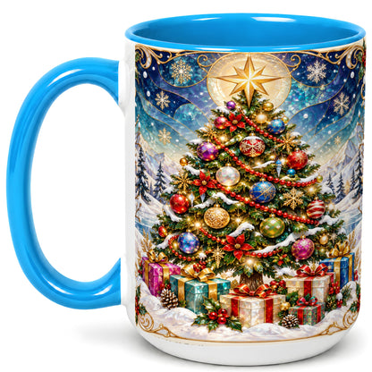 #pl[15oz|Blue] Winter Christmas Tree Coffee Mug, Snowy Holiday Mug, Ceramic Cup