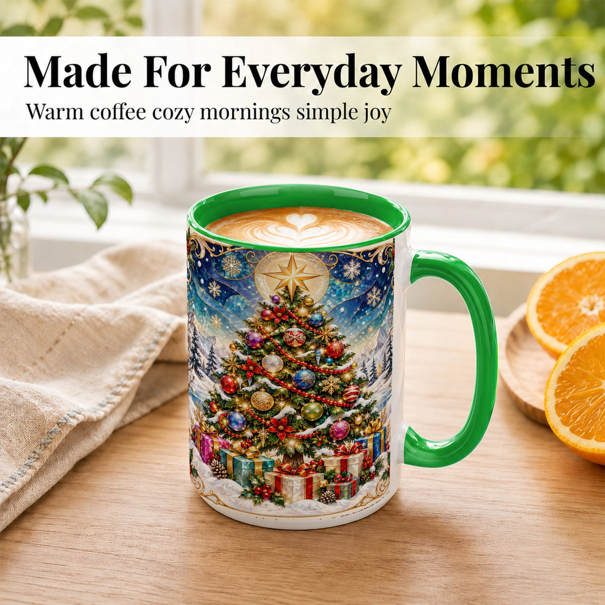 #pl[15oz|Green] Winter Christmas Tree Coffee Mug, Snowy Holiday Mug, Ceramic Cup